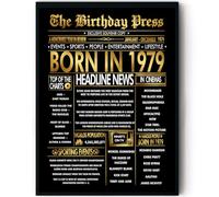 Stuff4 Gold 46th Birthday Poster Framed - Golden Born In 1979 Newspaper - Happy 46 Birthday for Men Women Retro Vintage Gifts Back In 1979, 8x10 Inch Bday Party Decor Decoration
