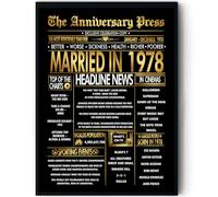 Stuff4 Gold 47th Anniversary Poster Framed - Golden Married In 1978 Newspaper - Happy 47 Anniversary for Men Women Retro Vintage Gifts Back In 1978, 8x10 Inch Bday Party Decor Decoration