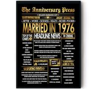 Stuff4 Gold 49th Anniversary Poster Framed - Golden Married In 1976 Newspaper - Happy 49 Anniversary for Men Women Retro Vintage Gifts Back In 1976, 8x10 Inch Bday Party Decor Decoration