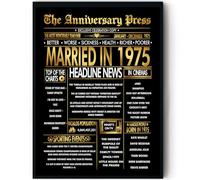 Stuff4 Gold 50th Anniversary Poster Framed - Golden Married In 1975 Newspaper - Happy 50 Anniversary for Men Women Retro Vintage Gifts Back In 1975, 8x10 Inch Bday Party Decor Decoration