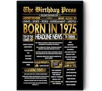 Stuff4 Gold 50th Birthday Poster Framed - Golden Born In 1975 Newspaper - Happy 50 Birthday for Men Women Retro Vintage Gifts Back In 1975, 8x10 Inch Bday Party Decor Decoration