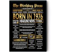 Stuff4 Gold 50th Birthday Poster Framed, Golden Born In 1976 Newspaper