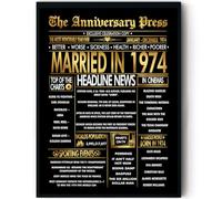 Stuff4 Gold 52nd Anniversary Poster Framed - Golden Married In 1974 Newspaper - 52 Anniversary for Men Women Retro Vintage Gifts Back In 1974, 8x10 Inch Bday Party Decor Decoration