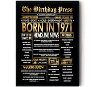 Stuff4 Gold 54th Birthday Poster Framed - Golden Born In 1971 Newspaper - Happy 54 Birthday for Men Women Retro Vintage Gifts Back In 1971, 8x10 Inch Bday Party Decor Decoration