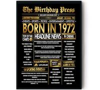 Stuff4 Gold 54th Birthday Poster Framed, Golden Born In 1972 Newspaper