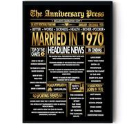 Stuff4 Gold 55th Anniversary Poster Framed - Golden Married In 1970 Newspaper - Happy 55 Anniversary for Men Women Retro Vintage Gifts Back In 1970, 8x10 Inch Bday Party Decor Decoration