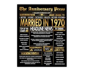 Stuff4 Gold 56th Anniversary Poster Unframed - Golden Married In 1970 Newspaper - 56 Wedding Anniversary for Men Women Vintage Gifts Back In 1970, 8x10 Inch Anniversaries Posters