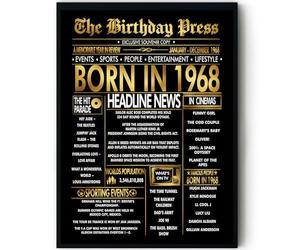 Stuff4 Gold 58th Birthday Poster Framed - Golden Born In 1968 Newspaper - Happy 58 Birthday for Men Women Retro Vintage Gifts Back In 1968, 8x10 Inch Bday Party Decor Decoration