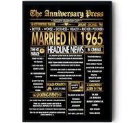 Stuff4 Gold 60th Anniversary Poster Framed - Golden Married In 1965 Newspaper - Happy 60 Anniversary for Men Women Retro Vintage Gifts Back In 1965, 8x10 Inch Bday Party Decor Decoration