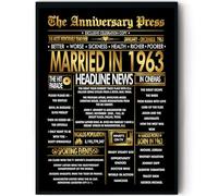 Stuff4 Gold 62nd Anniversary Poster Framed - Golden Married In 1963 Newspaper - Happy 62 Anniversary for Men Women Retro Vintage Gifts Back In 1963, 8x10 Inch Bday Party Decor Decoration