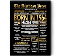 Stuff4 Gold 62nd Birthday Poster Framed, Golden Born In 1964 Newspaper