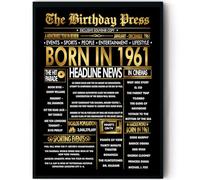 Stuff4 Gold 64th Birthday Poster Framed - Golden Born In 1961 Newspaper - Happy 64 Birthday for Men Women Retro Vintage Gifts Back In 1961, 8x10 Inch Bday Party Decor Decoration