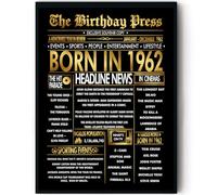 Stuff4 Gold 64th Birthday Poster Framed, Golden Born In 1962 Newspaper