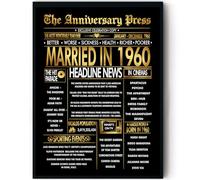 Stuff4 Gold 65th Anniversary Poster Framed - Golden Married In 1960 Newspaper - Happy 65 Anniversary for Men Women Retro Vintage Gifts Back In 1960, 8x10 Inch Bday Party Decor Decoration