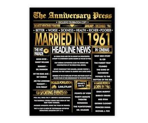 Stuff4 Gold 65th Anniversary Poster Unframed - Golden Married In 1961 Newspaper - 65 Wedding Anniversary for Men Women Vintage Gifts Back In 1961, 8x10 Inch Anniversaries Posters