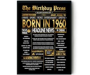 Stuff4 Gold 66th Birthday Poster Framed, Golden Born In 1960 Newspaper