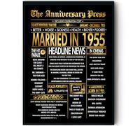 Stuff4 Gold 70th Anniversary Poster Framed - Golden Married In 1955 Newspaper - Happy 70 Anniversary for Men Women Retro Vintage Gifts Back In 1955, 8x10 Inch Bday Party Decor Decoration