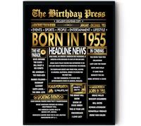 Stuff4 Gold 70th Birthday Poster Framed - Golden Born In 1955 Newspaper - Happy 70 Birthday for Men Women Retro Vintage Gifts Back In 1955, 8x10 Inch Bday Party Decor Decoration