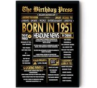 Stuff4 Gold 74th Birthday Poster Framed - Golden Born In 1951 Newspaper - Happy 74 Birthday for Men Women Retro Vintage Gifts Back In 1951, 8x10 Inch Bday Party Decor Decoration
