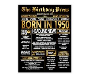 Stuff4 Gold 76th Birthday Poster Unframed - Golden Born In 1950 Newspaper - Happy 76 Birthday for Men Women Retro Vintage Gifts Back In 1950, 8x10 Inch Bday Party Decor Decoration