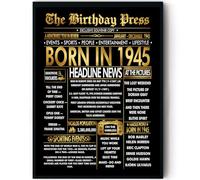 Stuff4 Gold 80th Birthday Poster Framed - Golden Born In 1945 Newspaper - Happy 80 Birthday for Men Women Retro Vintage Gifts Back In 1945, 8x10 Inch Bday Party Decor Decoration