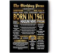 Stuff4 Gold 84th Birthday Poster Framed - Golden Born In 1941 Newspaper - Happy 84 Birthday for Men Women Retro Vintage Gifts Back In 1941, 8x10 Inch Bday Party Decor Decoration