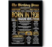Stuff4 Gold 87th Birthday Poster Framed - Golden Born In 1938 Newspaper - Happy 87 Birthday for Men Women Retro Vintage Gifts Back In 1938, 8x10 Inch Bday Party Decor Decoration