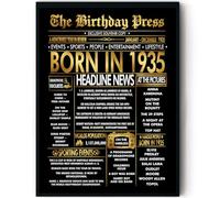Stuff4 Gold 90th Birthday Poster Framed - Golden Born In 1935 Newspaper - Happy 90 Birthday for Men Women Retro Vintage Gifts Back In 1935, 8x10 Inch Bday Party Decor Decoration