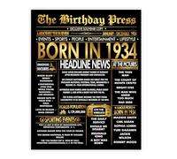 Stuff4 Gold 91st Birthday Poster Unframed - Golden Born In 1934 Newspaper - Happy 91 Birthday for Men Women Retro Vintage Gifts Back In 1934, 8x10 Inch Bday Party Decor Decoration
