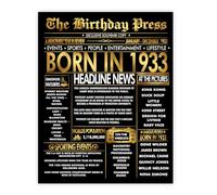 Stuff4 Gold 92nd Birthday Poster Unframed - Golden Born In 1933 Newspaper - Happy 92 Birthday for Men Women Retro Vintage Gifts Back In 1933, 8x10 Inch Bday Party Decor Decoration
