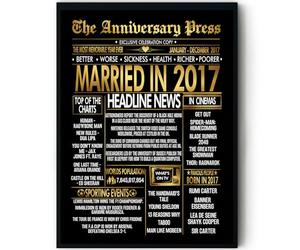 Stuff4 Gold 9th Anniversary Poster Framed - Golden Married In 2017 Newspaper - 9 Anniversary for Men Women Retro Vintage Gifts Back In 2017, 8x10 Inch Bday Party Decor Decoration