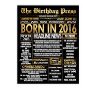 Stuff4 Gold 9th Birthday Poster Unframed - Golden Born In 2016 Newspaper - Happy 9 Birthday for Boys Girls Retro Vintage Gifts Back In 2016, 8x10 Inch Bday Party Decor Decoration