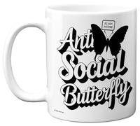 Novelty Mug for Women - Anti Social Butterfly - Funny Birthday Mugs Present Gifts for Friend Family Colleague, 11oz Ceramic Coffee Humour Joke Banter Cup