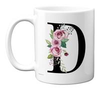 Stuff4 Personalised Floral Monogram Mug - Elegant Letter D with Pink Roses - Thoughtful Gift for Desk or Kitchen - 11oz Ceramic Gloss Mug