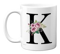 Stuff4 Personalised Initial K Mug, Floral Monogram with Pink Roses | Elegant Gift for Her, 11oz Ceramic Gloss Mug
