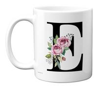 Stuff4 Personalised Monogram Mug, Elegant Black Letter E with Pink Roses | Botanical Floral Design for Her, 11oz Ceramic Gloss Mug