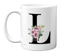 Stuff4 Personalised Monogram Mug - Elegant Floral Letter L with Pink Roses - Charming Gift for Her or Desk Décor - 11oz Ceramic Gloss Mug