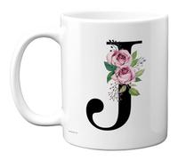 Stuff4 Personalised Monogram Mug, Floral Initial J with Pink Roses | Elegant Gift for Her, 11oz Ceramic Gloss Mug