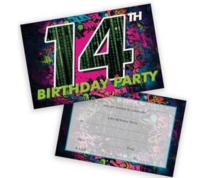Stuff4 Playful 14th Birthday Party Invitations - Vibrant Fun for the Big Day - Bold 14th Motif with Lively Black, Pink and Green Design - 20 Pack, Envelopes Included