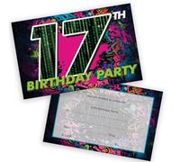 Stuff4 Playful 17th Birthday Party Invitations - Party Vibes All Round - Digital Neon Design with Bold Pink, Green and Black - 20 Pack, Envelopes Included