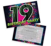 Stuff4 Playful 19th Birthday Party Invitations - Turn Up the Fun - Vibrant Digital Party Design in Bold Black, Pink and Green - 20 Pack, Envelopes Included