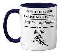 Skiing Gifts - in My Head Mug - Funny Gift for Skiing Lover Men Women - 11oz Premium Ceramic Dishwasher Safe Navy Blue Handle Mugs Novelty Cup