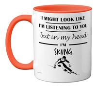 Skiing Gifts - in My Head Mug - Funny Gift for Skiing Lover Men Women - 11oz Premium Ceramic Dishwasher Safe Orange Handle Mugs Novelty Cup