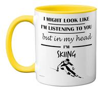 Skiing Gifts - in My Head Mug - Funny Gift for Skiing Lover Men Women - 11oz Premium Ceramic Dishwasher Safe Yellow Handle Mugs Novelty Cup