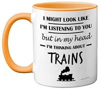 Steam Train Gifts for Men - In My Head I'm Thinking About Trains Mug - Funny Gifts for Train Spotting Enthusiasts, Train Spotter Gifts, 11oz Ceramic Yellow Handle Premium Mugs Novelty Train Cup