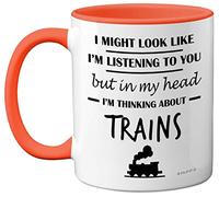 Steam Train Gifts for Men - In My Head I'm Thinking About Trains Mug - Funny Gifts for Train Spotting Enthusiasts, Train Spotter Gifts, 11oz Ceramic Orange Handle Premium Mugs Novelty Train Cup