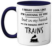 Steam Train Gifts for Men - In My Head I'm Thinking About Trains Mug - Funny Gifts for Train Spotting Enthusiasts, Train Spotter Gifts, 11oz Ceramic Navy Blue Handle Premium Mugs Novelty Train Cup