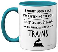 Steam Train Gifts for Men - In My Head I'm Thinking About Trains Mug - Funny Gifts for Train Spotting Enthusiasts, Train Spotter Gifts, 11oz Ceramic Light Blue Handle Premium Mugs Novelty Train Cup