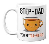 Stuff4 Step Dad Mug - Smiley Tea Cup Motif with You're Tea-riffic Slogan - Cheerful Gift for Father's Day - 11oz Ceramic Gloss Mug