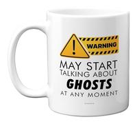 Stuff4 Warning May Start Talking About Ghosts Mug - Bold Paranormal Humour Design - Yellow Sign Style for Halloween or Everyday Laughs - 11oz Ceramic Gloss Mug